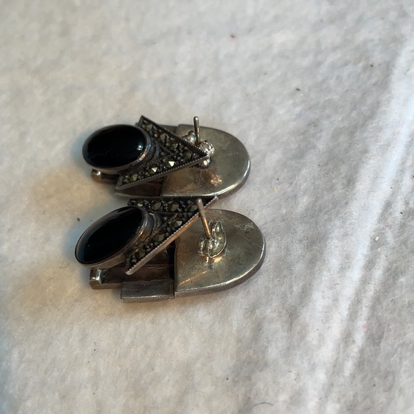 VTG Art Deco onyx and marcasite sterling articulated earrings pierced 2” - Picture 7 of 11